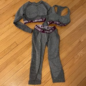 Gymshark Flex 3-pc Set: Leggings, Sports Bra & Longsleeve Crop Top: Gray, Small